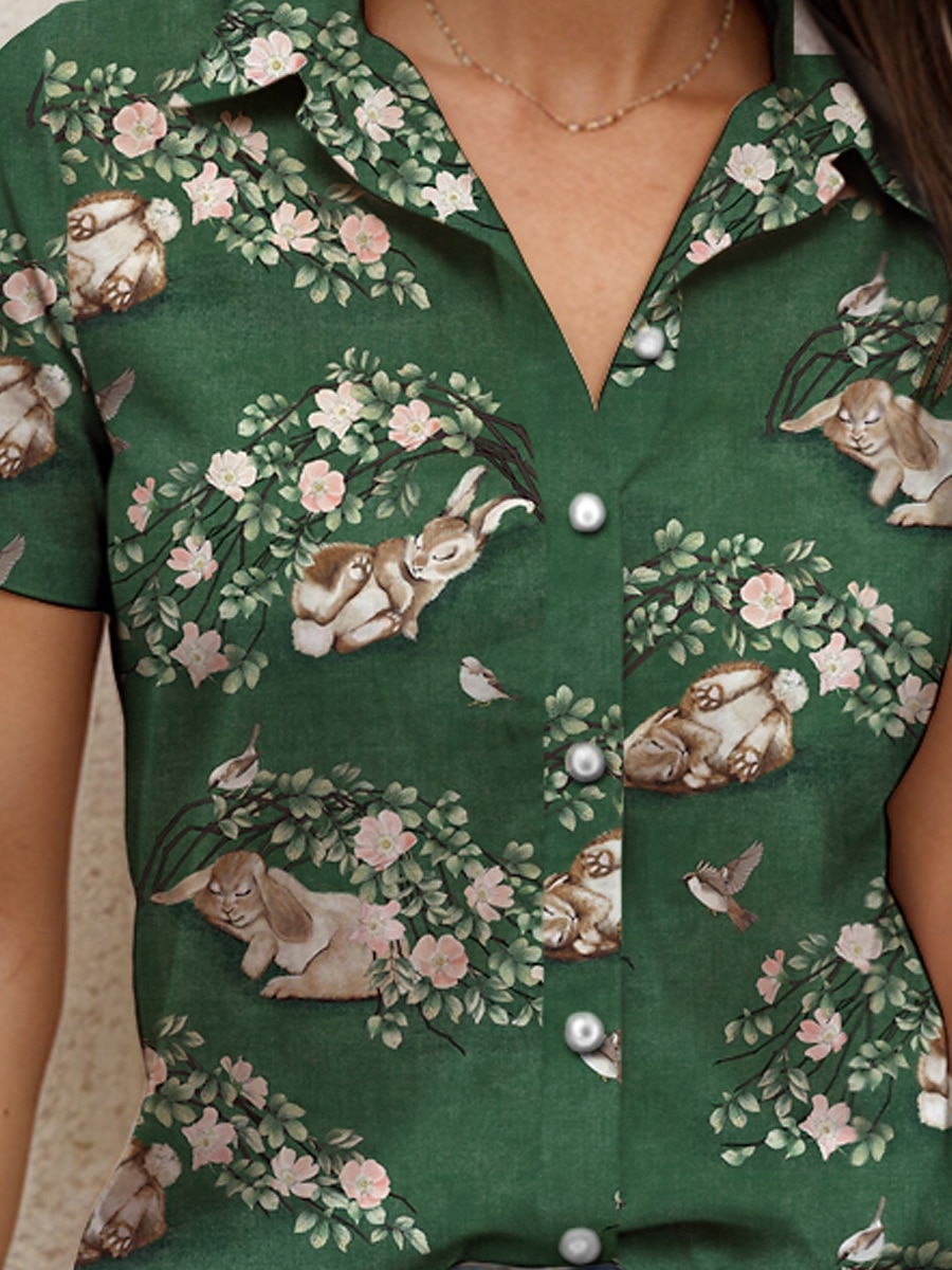 Chemise pour femmes de Pâques graphique floral animal décontractée manches courtes manches chauve-souris col hauts longs quotidienne vert été printemps de 2026 ? $28.99 –P3
