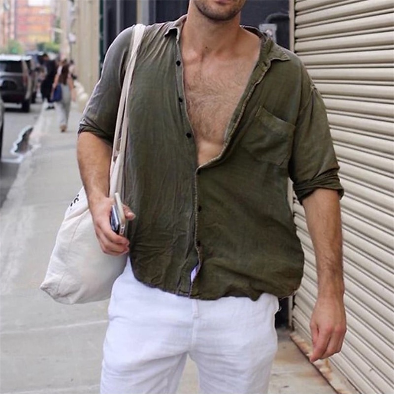 Per uomo Camicia Camicia di lino Camicia in cotone e lino Camicia casual Camicia con Bottoni Semplice Vacanza Streetwear Bianco Verde Grigio Manica Lunga Bavero Estate Abbigliamento Tasca del 2025 a $21.99 –P4