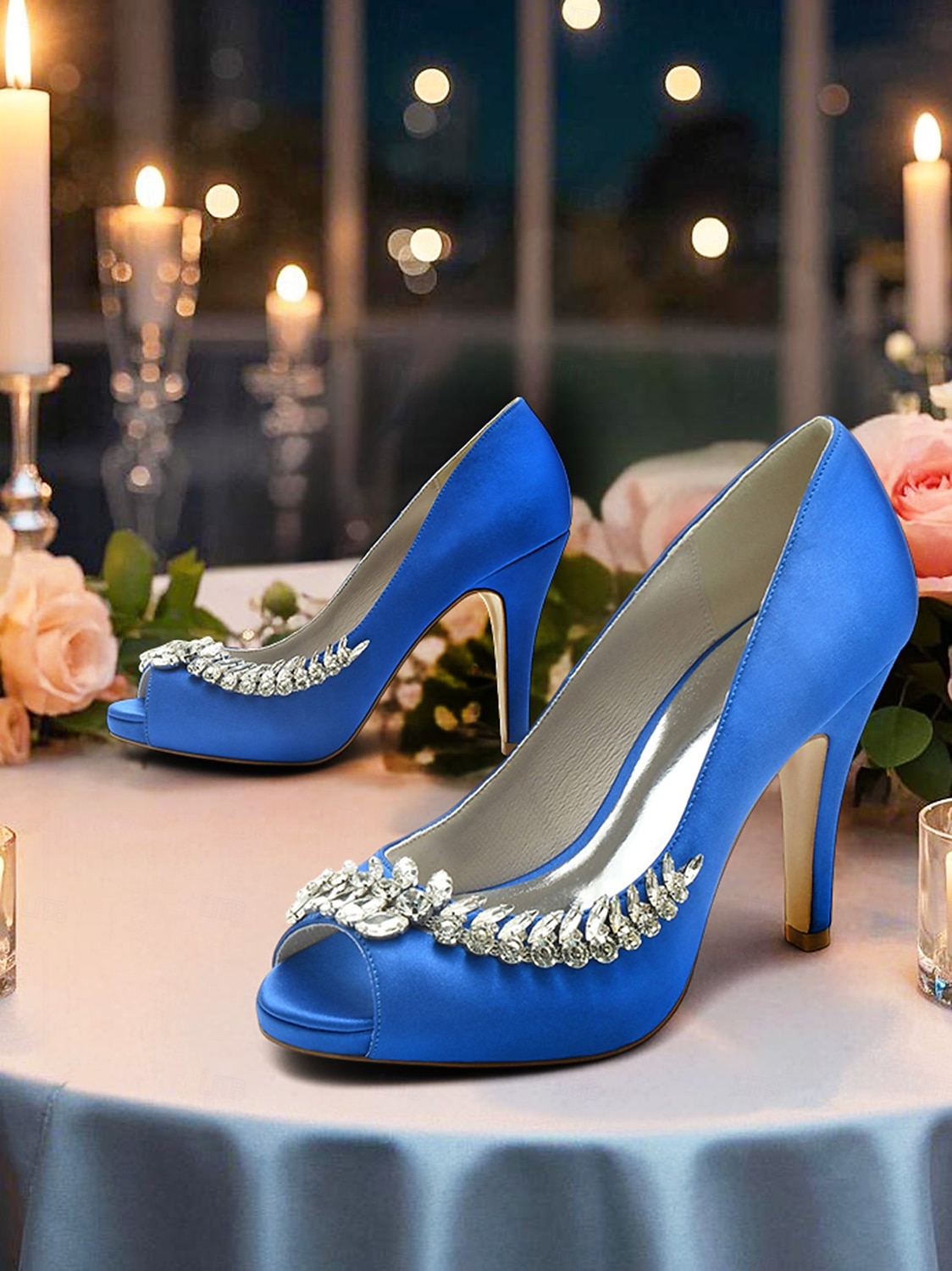 tocuri cu vârf deschis din satin albastru, cu ornamente cu cristale – pantofi de lux pentru nuntă și bal pentru femei 2025 - $64.99 –P1