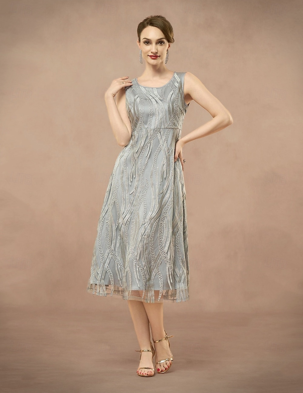 A-Line Mother of the Bride Dress Two Pieces Elegant Jewel Neck Tea Length Lace 3/4 Length Sleeve with Embroidered Lace Applique 2025 2025 - $79.99 –P9