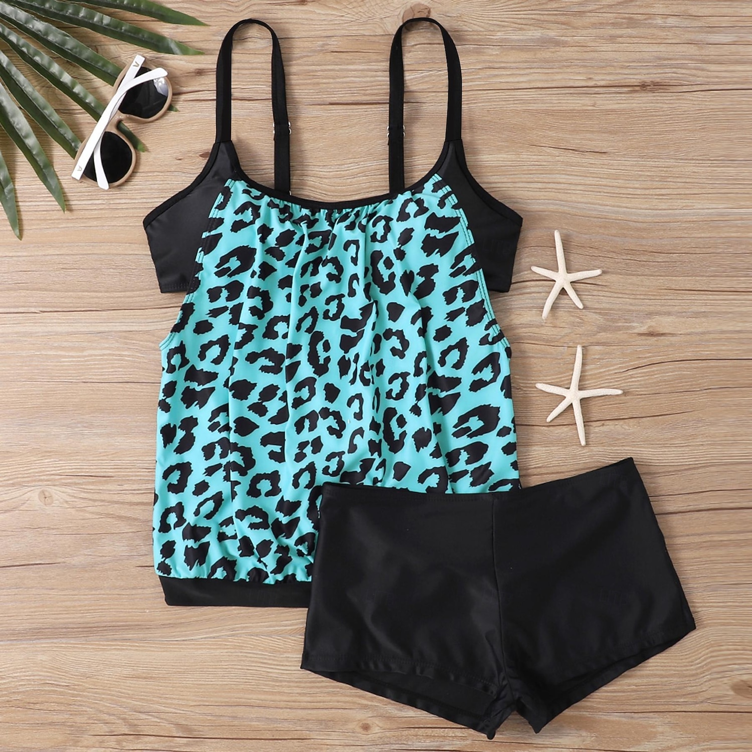 Dam Plusstorlekar Badkläder Tankini 2 st Längre baddräkt Hög midja Baddräkt Hög midja Smal Stickat Stylish Standkläder Leopard Tropisk Rund hals Ärmlös Baddräkter 2025 - $24.99 –P5