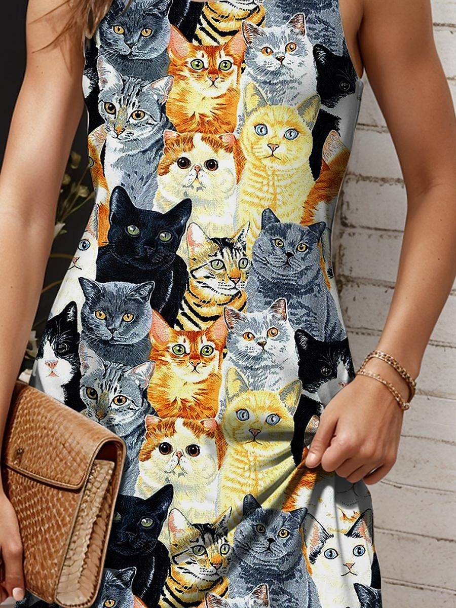 Damen Minikleid A Linie Kleid Sommerkleid Schulterfreies Kleid Urlaub Lässig Täglich Ferien Cocktailparty Lässiger Schnitt Grafik Katze Ärmellos U-Ausschnitt Orange Sommer 2025 - $21.99 –P3