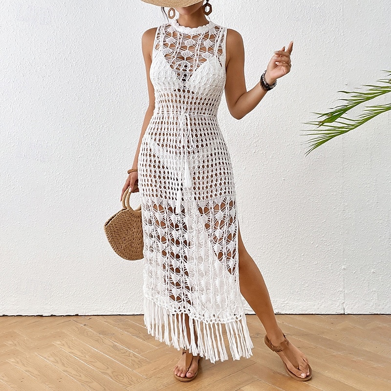 Mulheres Roupa de Banho Cobertura roupa de banho Com Corte Franja Roupa de Praia Verão Tecido Decote Redondo Sem Manga Fatos de banho de 2025 por $23.99 –P1