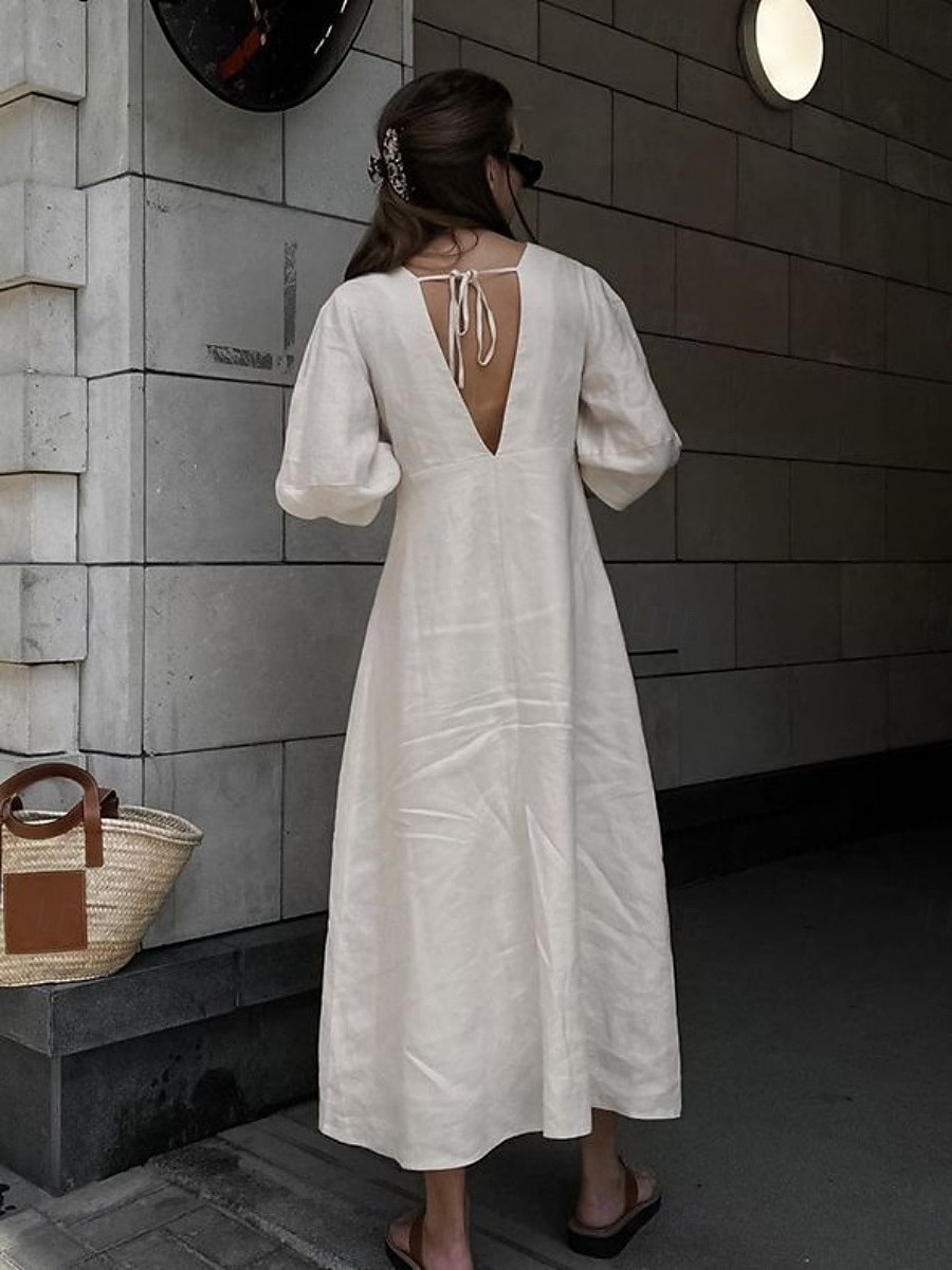 Damen Langes Kleid Maxikleid Freizeitkleid Sommerkleid Boho-Kleid Elegant Mode Basic Puffärmel Büro Geburtstag Täglich Normale Passform Einfach Halbarm Tiefer V-Ausschnitt Weiß Sommer Frühling Herbst 2025 - $23.99 –P2