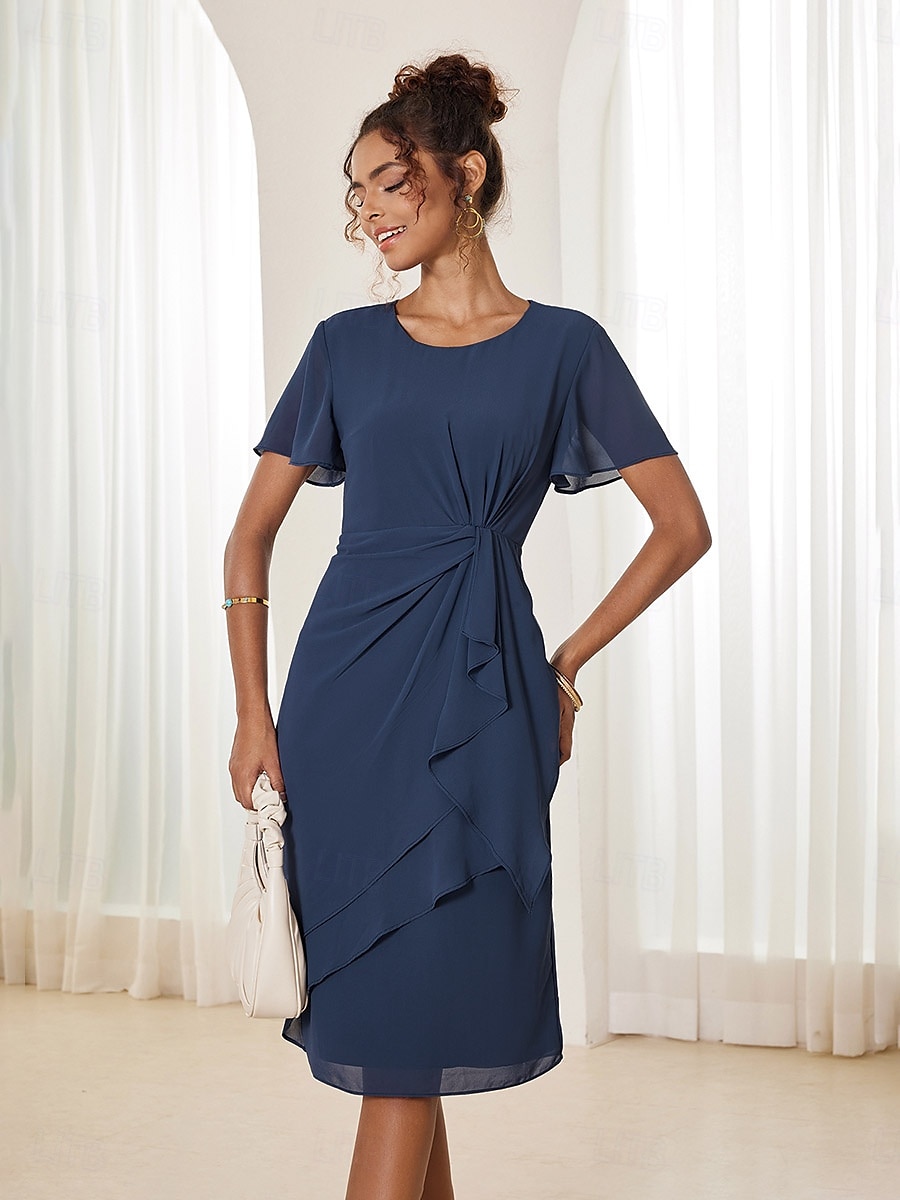 Mulheres Vestido Em Camadas Vestido midi Chiffon Nó torcido Convidado do casamento Coquetel Elegante Formal Gola Redonda Manga Curta Borboleta Azul Escuro Cor de 2025 por $49.99 –P4