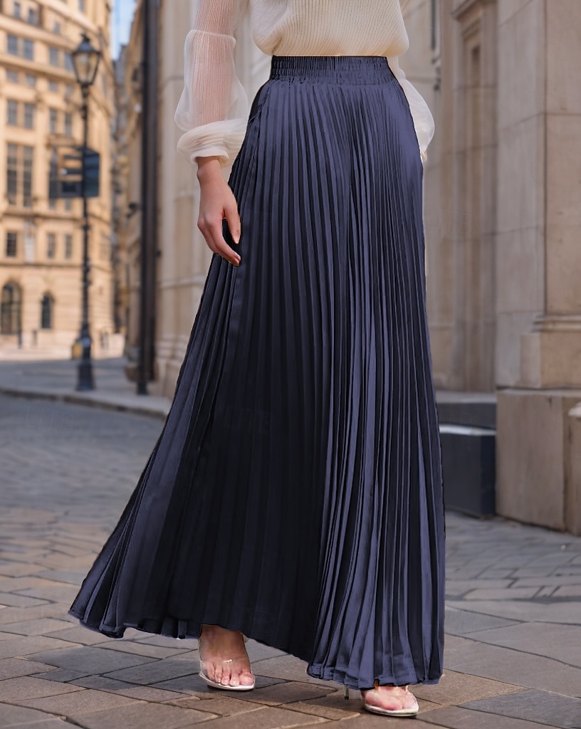 Damen Rock Langer Rock Mode Lang Maxi Hohe Taille Röcke Einfarbig Gerafft Plissiert Schimmernd Mikroelastisch Täglich Ferien Silber Pfauenblau Marineblau Schwarz Frühling, Herbst, Winter, Sommer 2025 - $23.99 –P12