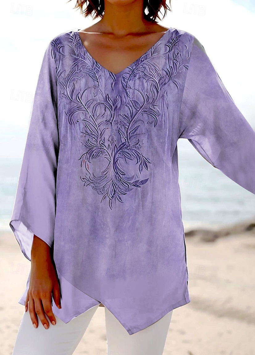 Women's Blouse Floral Graphic Stylish Ethnic Beach Short Sleeve V Neck Regular Tops Daily Holiday Print Pink Blue Purple Green Summer Spring 2025 - $25.99 –P1