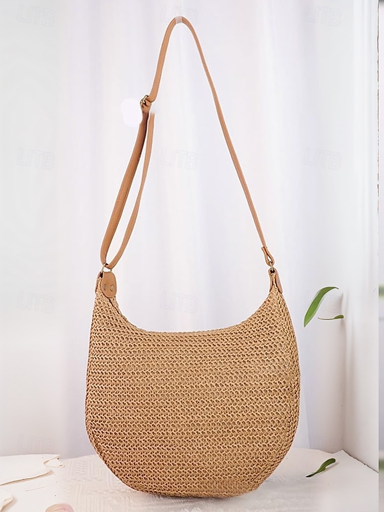 női nagy kapacitású, kézzel készített szalmából készült nyeregtáska válltáska - bohém crossbody táska elülső zsebbel, nyári strandtáska, alkalmi utazótáska nyaraláshoz, vásárláshoz és mindennapi használatra 2025 - $19.99 –P9