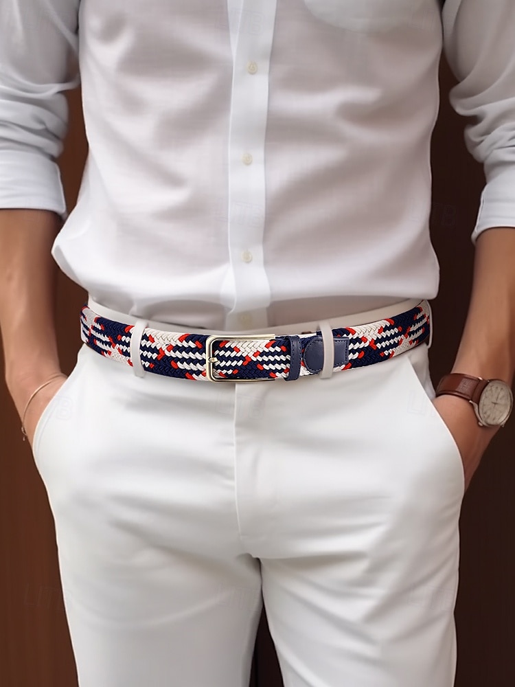 Men's Braided Elastic Stretch Belt – Multicolor Woven Design with Leather Tip & Metal Buckle, Casual & Golf Style, Adjustable Fit for Jeans & Trousers, Perfect for Sports & Everyday Wear 2025 - $11.99 –P1