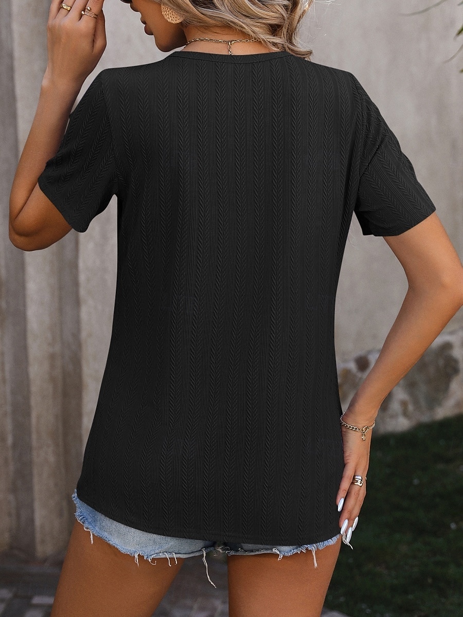 T-shirt Femme Uni Mode Moderne Décontracté Manches Courtes Col Rond Tops Quotidien Week-end Boutons Noir Blanc Violet Fuchsia Été de 2025 ? $21.99 –P15