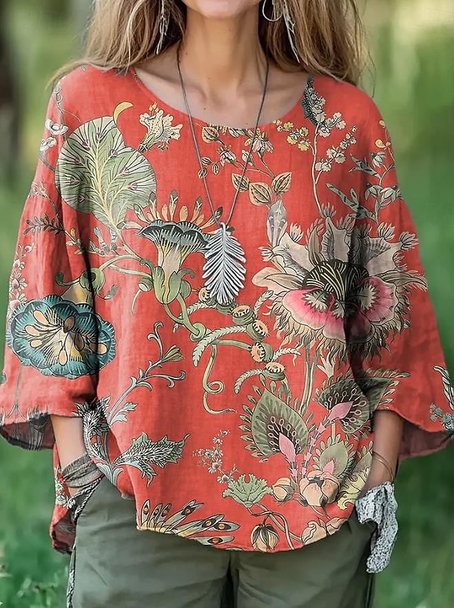 Blusa da donna in cotone e lino floreale elegante casual a maniche corte colletto girocollo regolare top quotidiano per spiaggia vacanza in lino simile stampa verde salvia rossa del 2025 a $28.99 –P2