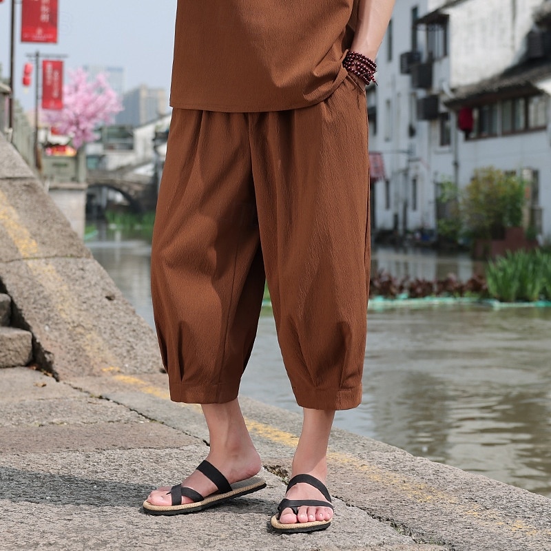 Men's Capri Pants Shorts Linen Shorts Summer Shorts Beach Shorts Drawstring Elastic Waist Baggy Plain Comfort Breathable Calf-Length Outdoor Casual Daily Fashion Retro Vintage Black White 2025 - $24.99 –P2