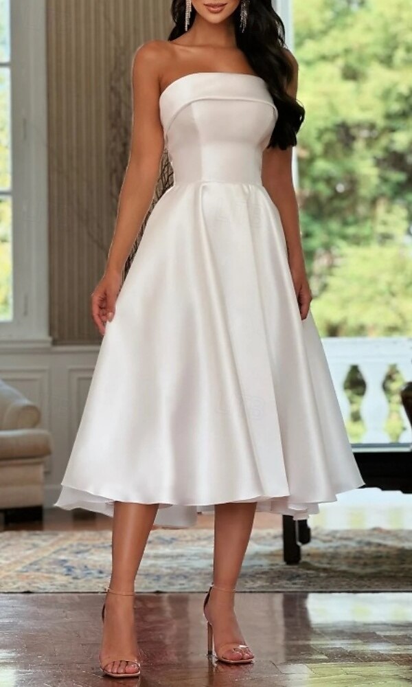 Engagement Little White Dresses Wedding Dresses A-Line Sweetheart Sleeveless Tea Length Satin Bridal Gowns With Pleats Solid Color 2025 2025 - $144.99 –P1