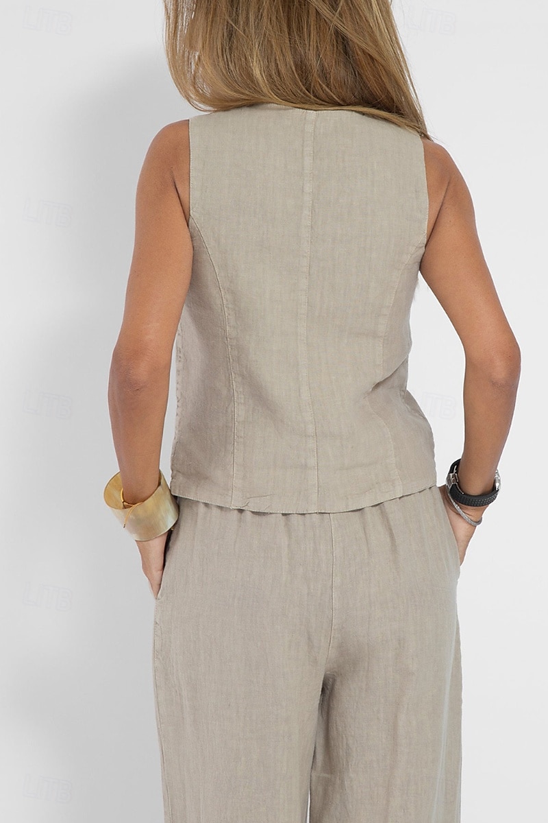 Women's Active Basic Linen-Inspired Sets Two Piece Sets Blouse Sleeveless V Neck Solid Color Dubbele Rij Knopen Vacation Casual Daily Black White Wine Summer Regular Fit 2025 - $26.99 –P3