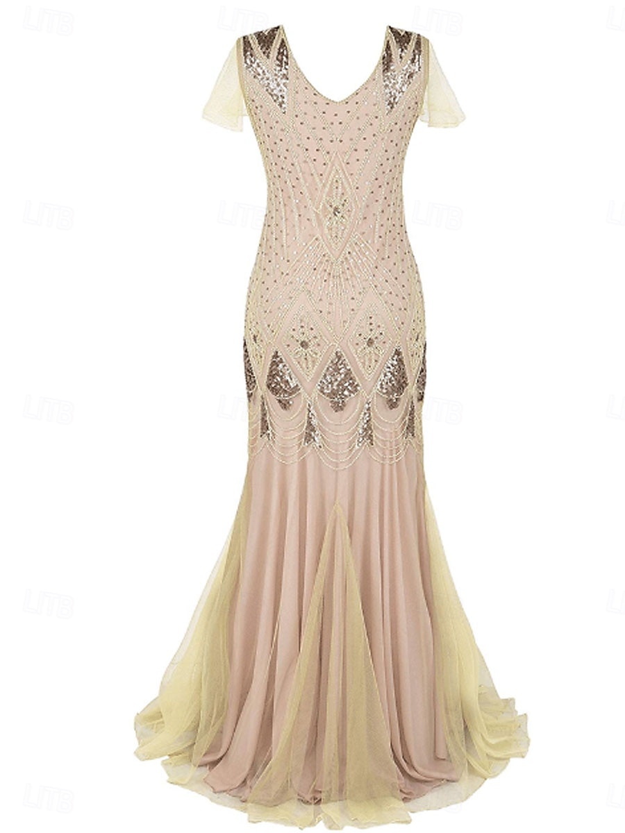 Dress Mother of the Bride Dress Elegant Vintage Party V Neck Floor Length Polyester Short Sleeve with Sequin 2025 - $79.99 –P3