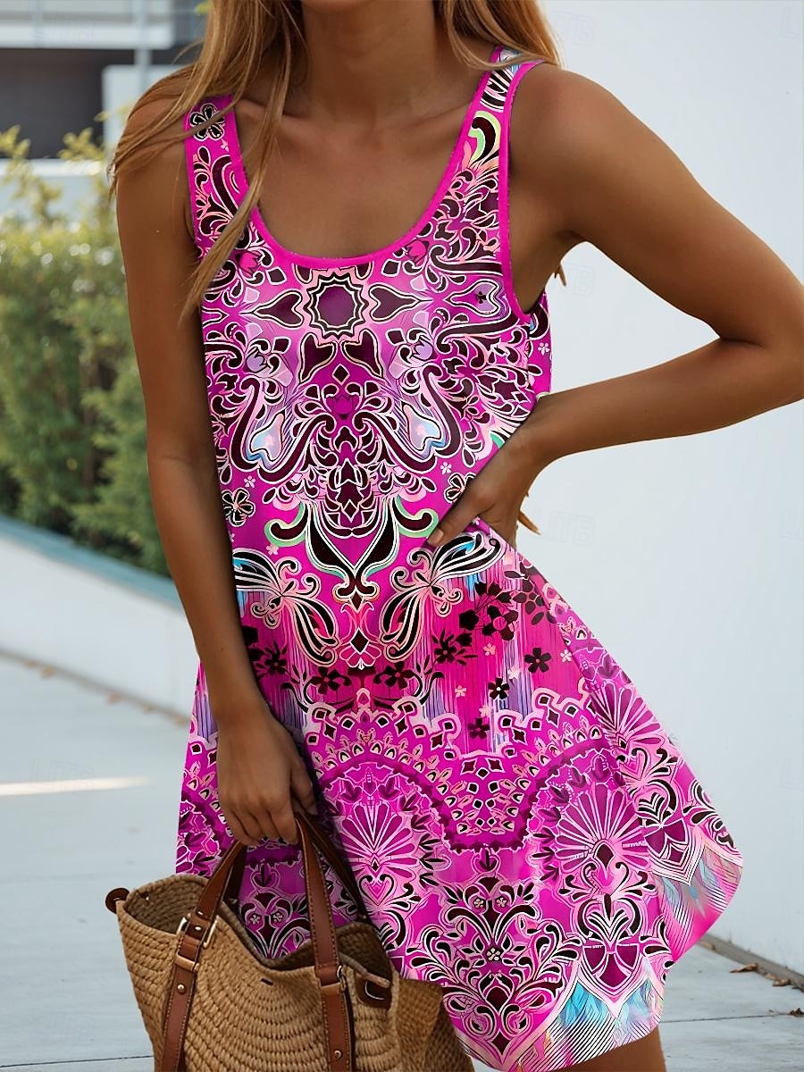 Pentru femei Rochie Mini Rochie A line Rochie de vară Rochie cu umeri Vacanță Casual Zilnic Potrivire Largă Grafic Geometric Fără manșon În U Mov Portocaliu Trifoi Vară 2025 - $21.99 –P1