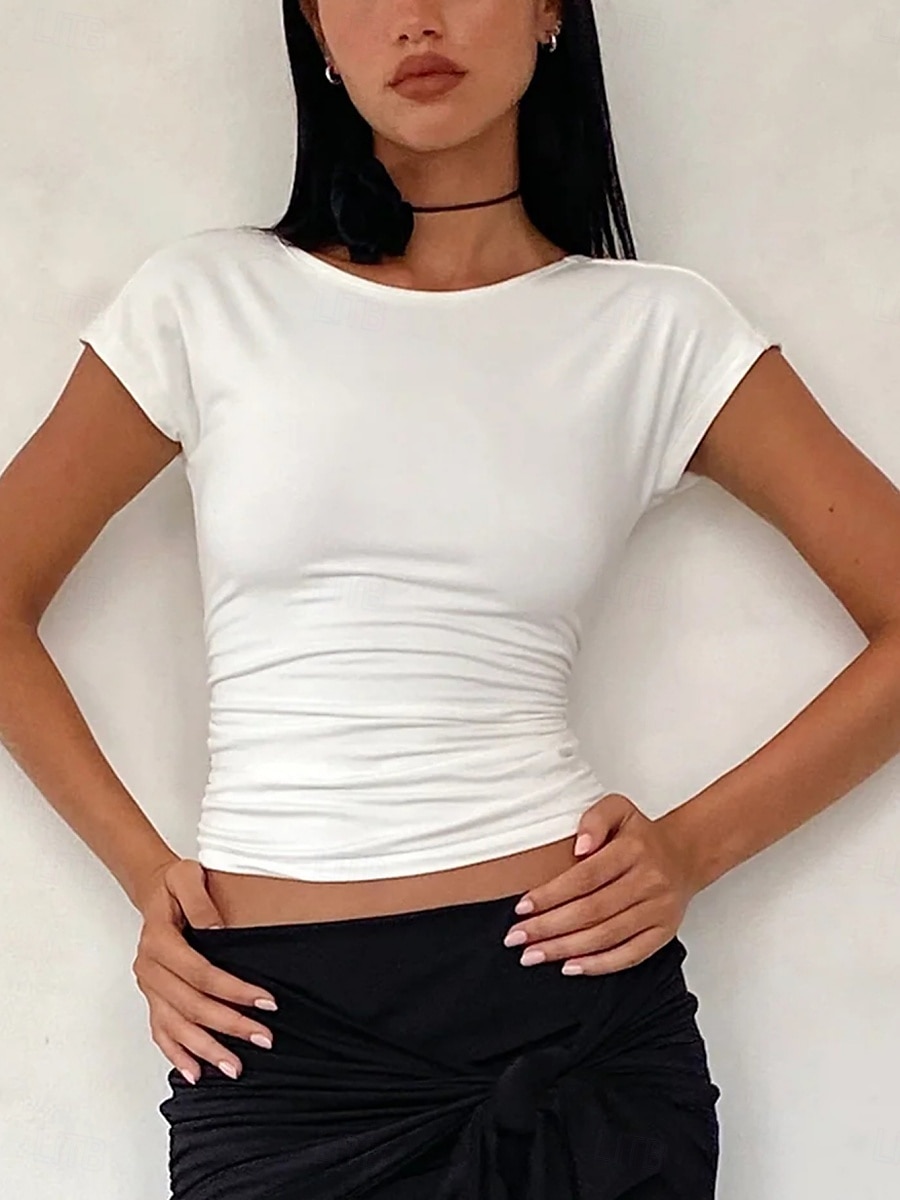 Női camisole trikó egyszínű sima szexi hétköznapi rövid ujjú kerek nyakú normál felsők ünnephez kimenéshez hát nélkül fekete fehér borvörös tengerészkék nyár 2025 - $14.99 –P7