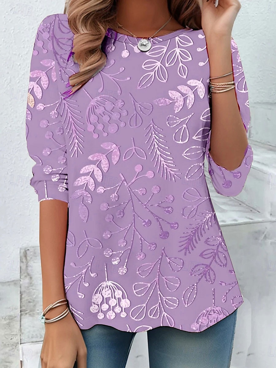 Mujer Camiseta Floral Graphic Casual Manga Larga Cuello Barco Tops regulares Diario Estampado Rosa Morado Verde Trébol Caqui Verano Primavera Otoño 2025 - $23.99 –P5