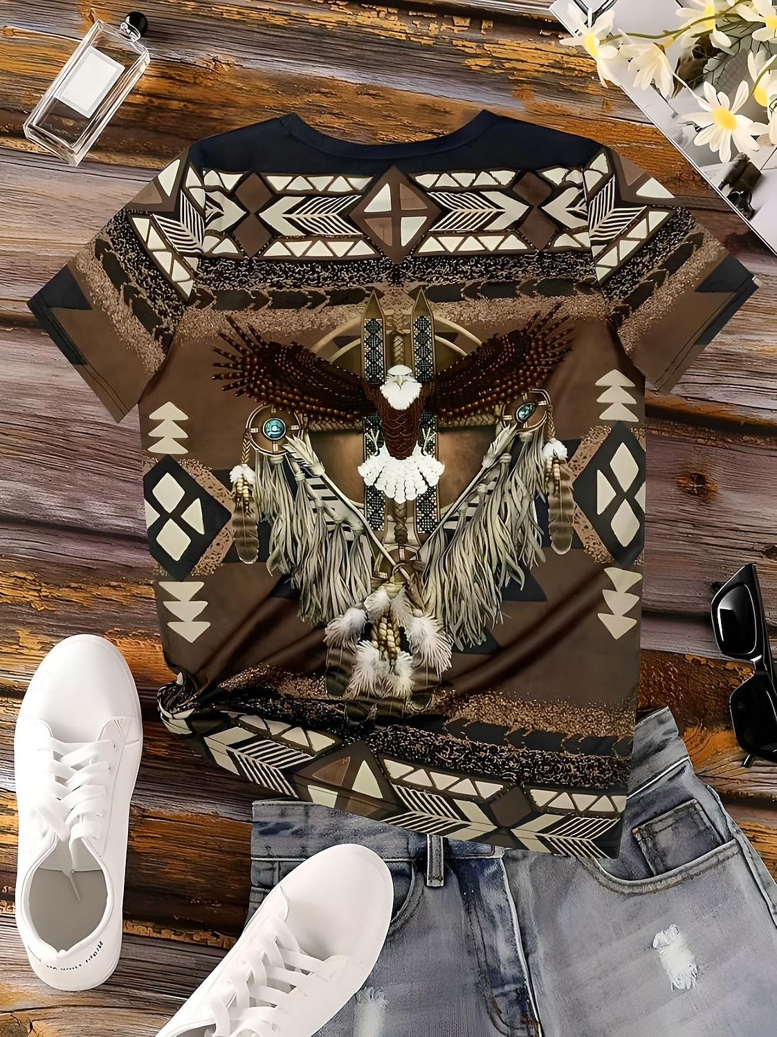 Women's Boho T Shirt  Western T Shirt Graphic Geometric Tribal Bohemia Vintage Stylish Short Sleeve Round Neck Regular Tops Daily Going out Weekend Print Brown Summer Spring 2026 - $22.99 –P2