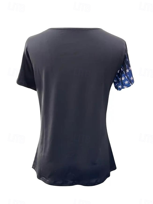 T-shirt patriotique pour femmes graphique drapeau drapeau national élégant décontracté rouge blanc et bleu à manches courtes col en V régulier tops quotidiens impression noir été printemps de 2025 ? $19.99 –P2