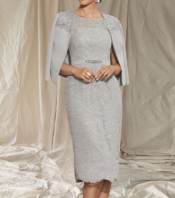 Robe Deux Pièces Moulante  Colonne Mère de la Mariée Robe Invité de Mariage Élégante Col Ronde Longueur Thé Manches 3/4 avec Dentelle perles Robe Midi de 2025 ? $157.99 –P1
