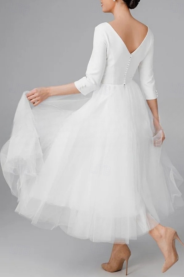 Engagement Little White Dress Bridal Shower Dresses Wedding Dresses A-Line Boat Neck 3/4 Length Sleeve Ankle Length Satin Bridal Gowns With Pleats 2025 2025 - $119.99 –P2