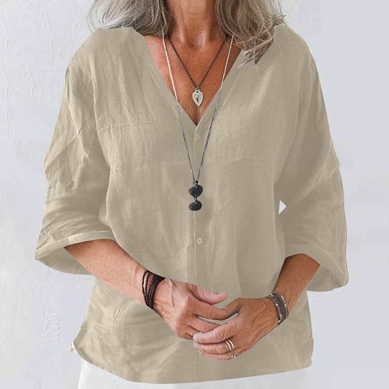 Damen Bluse Baumwoll-Leinen-Hemden Einfach Basic Modern Dreiviertelarm V Ausschnitt Normale Oberteile Täglich Ferien Ausgehen Knöpfe Schwarz Weiß Rosa Braun Aprikose Sommer 2025 - $22.99 –P12