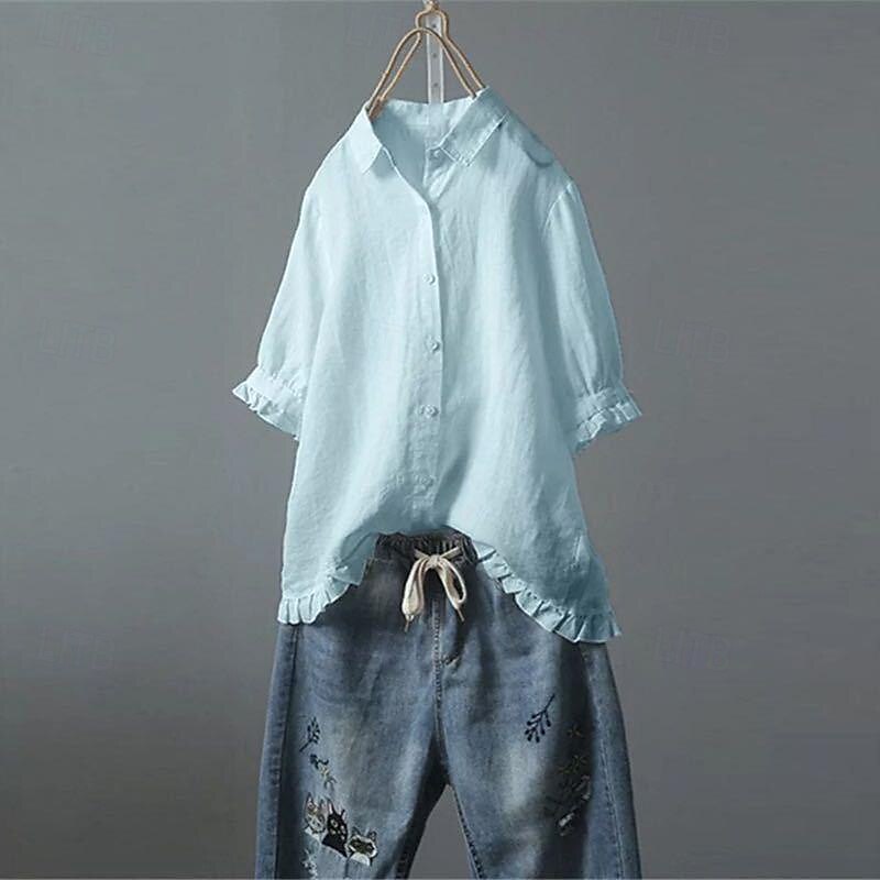 Damen Hemd Bluse Baumwoll-Leinen-Hemden Einfach Basic Modern Kurzarm Hemdkragen Normale Oberteile Täglich Ferien Ausgehen Knöpfe Weiß Gelb Rosa Marineblau Leicht Blau Sommer 2025 - $23.99 –P7