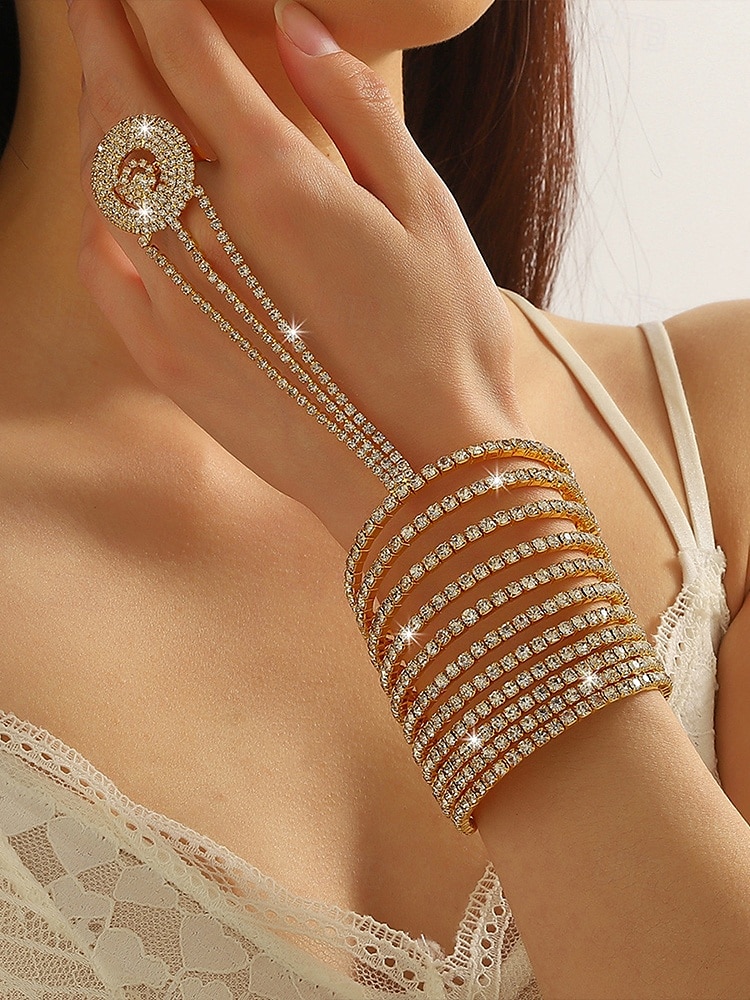 Bracelet chaîne de luxe en strass avec anneau – bijoux scintillants pour femmes, parfaits pour les mariages, les fêtes et les galas de 2025 ? $14.99 –P2