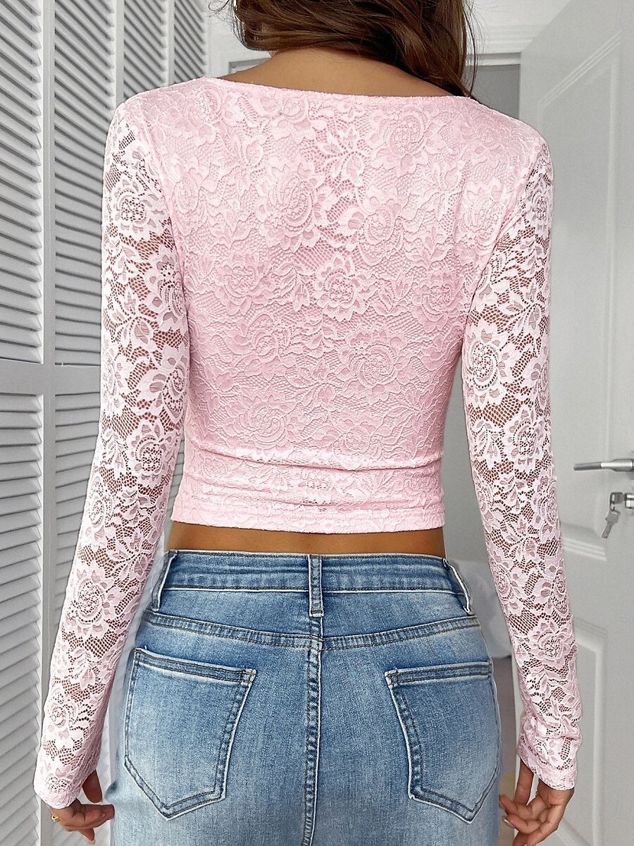 Dam Skjorta Blus Slät Stylish Sexig Modern Långärmad V-hals Vanliga toppar Dagligen Helgdag Spets Lappverk Svart Vit Rodnande Rosa Rubinrött Marinblå Sommar Vår 2025 - $21.99 –P6