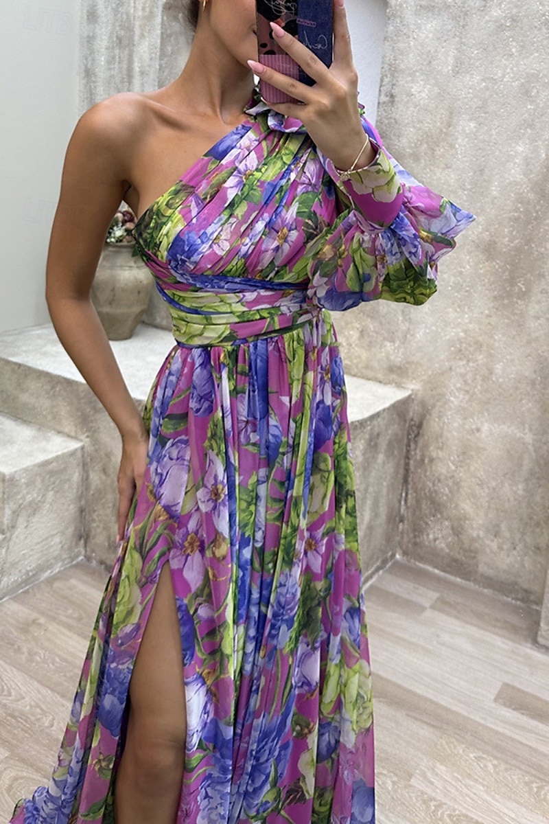 Women's Long Dress Maxi Dress Prom Dress Party Dress Print Dress Elegant Fashion Party Special Occasion Regular Fit Flower Long Sleeve One Shoulder Yellow Purple Green Summer 2025 - $29.99 –P3