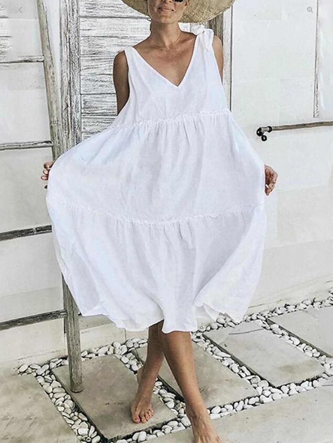Damen Midikleid Weißes Kleid Casual kleid Sommerkleid Elegant Modern Täglich Sommerkleid Lockere Passform Glatt Einfarbig Ärmellos Tiefes V Schnürkragen Schwarz Weiß Rote Sommer 2025 - $17.99 –P5