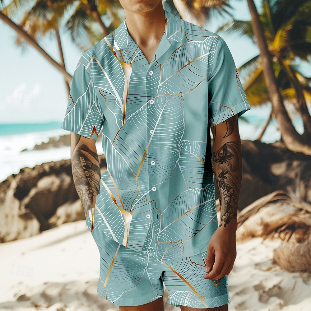 Férfi Fák / falevelek 2db Ingek készletek Hawaii ing Rövid ujjú Rövid nadrág Kubai nyakörv Szabadság Parti Hétköznapi Napi 3D nyomtatás Nyár Kék tó Ibolya Zöld 2025 - $32.99 –P2