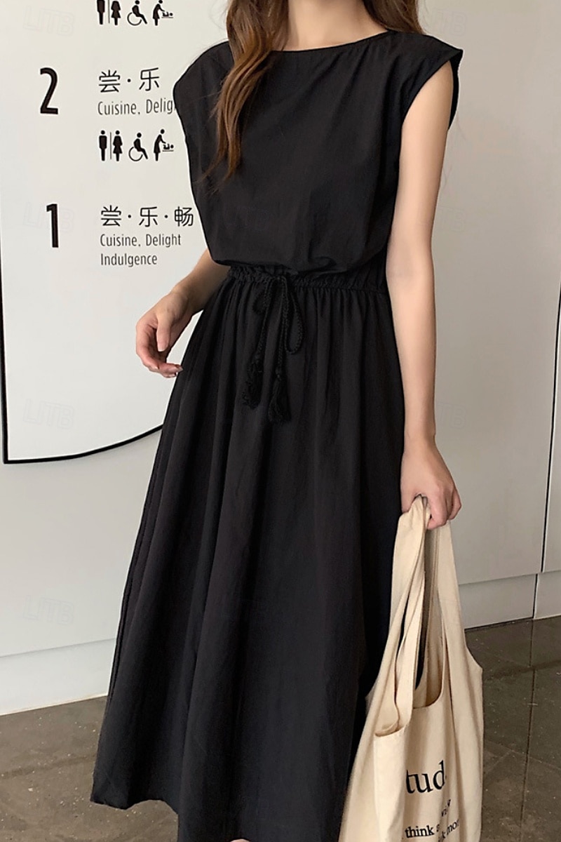 Per donna Abito Midi Abiti in cotone e lino Moda Classico Moderno All'aperto Quotidiano Ferie Vestibilità regolare Semplice Senza Maniche Girocollo Nero Verde chiaro Verde militare Blu marino Estate del 2025 a $26.99 –P20