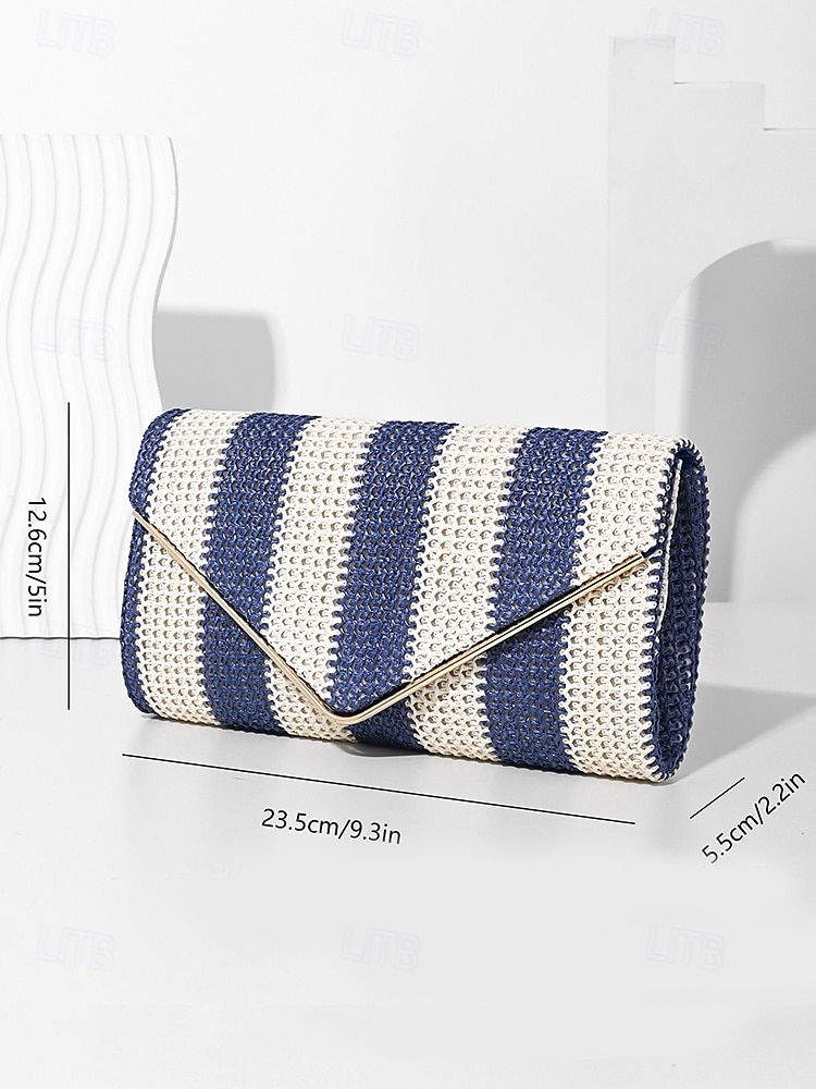 dames gestreepte geweven envelop clutch - met ketting, kan op één schouder of crossbody worden gedragen, modieus en veelzijdig, geschikt voor strandfeestjes en dagelijks gebruik zwart rood kaki 2025 - $19.99 –P5