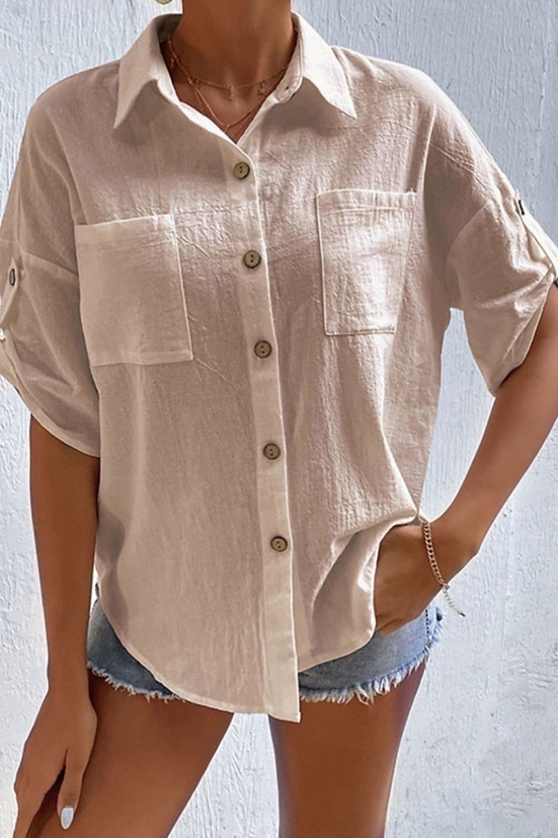 Damen Hemd Baumwoll-Leinen-Hemden Knopfleiste Bluse Einfach Basic Lässig Kurzarm Hemdkragen Normale Oberteile Ferien Ausgehen Knöpfe Tasche Schwarz Weiß Marineblau Khaki Grau Sommer 2025 - $21.99 –P7