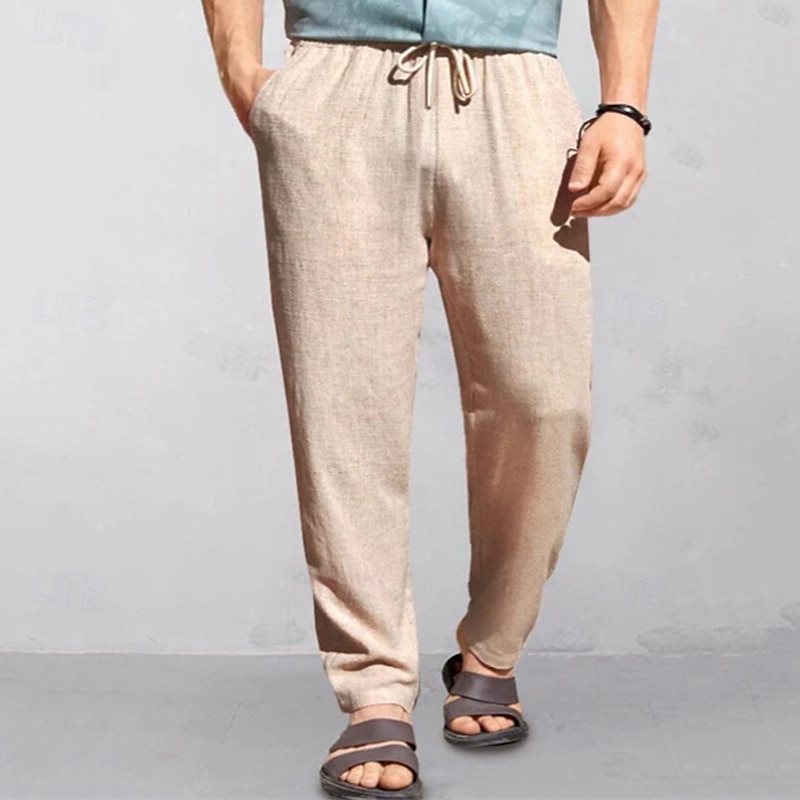 Men's Linen Pants Trousers Summer Pants Beach Pants Pocket Drawstring Elastic Waist Plain Comfort Breathable Vacation Daily Holiday Hawaiian Boho Black White 2025 - $19.99 –P8