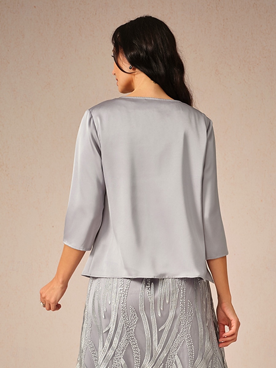 Mujer Tops elegantes Color sólido Elegante Manga 3/4 Cuello Barco Tops cortos Gris Verano Primavera Otoño 2025 - $35.99 –P3
