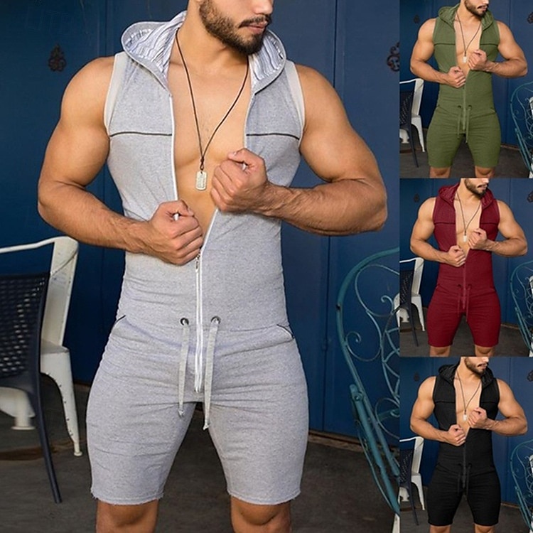 Homme Body Débardeur à capuche et short Sans manches Fermeture éclair Été Uni Sexy Occasionnel Une pièce À capuche Vacances Vert Armée Noir Gris T-shirt haut de gamme pour homme de 2025 ? $23.99 –P1