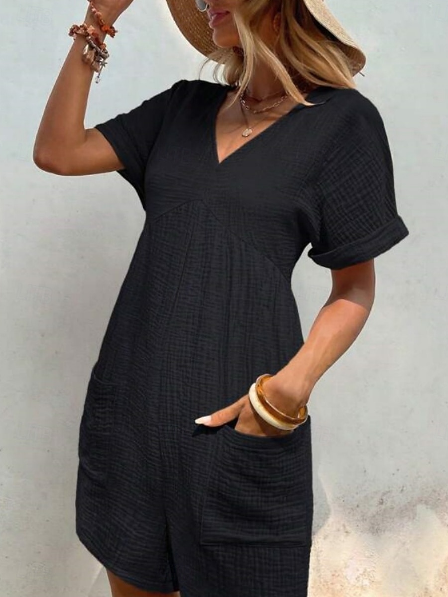 Rompers pour femmes couleur unie manches courtes col en V poches vacances quotidien coupe régulière noir vert abricot été de 2025 ? $34.99 –P11