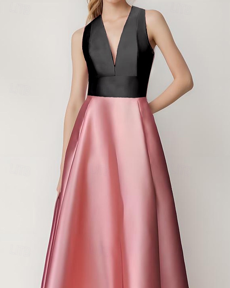 Vestido de noite em linha A, elegante, com blocos de cores, costas vazadas, formal, casamento, comprimento até o chão, sem mangas, decote em V, cetim com bolso lateral 2025 de 2025 por $148.99 –P3