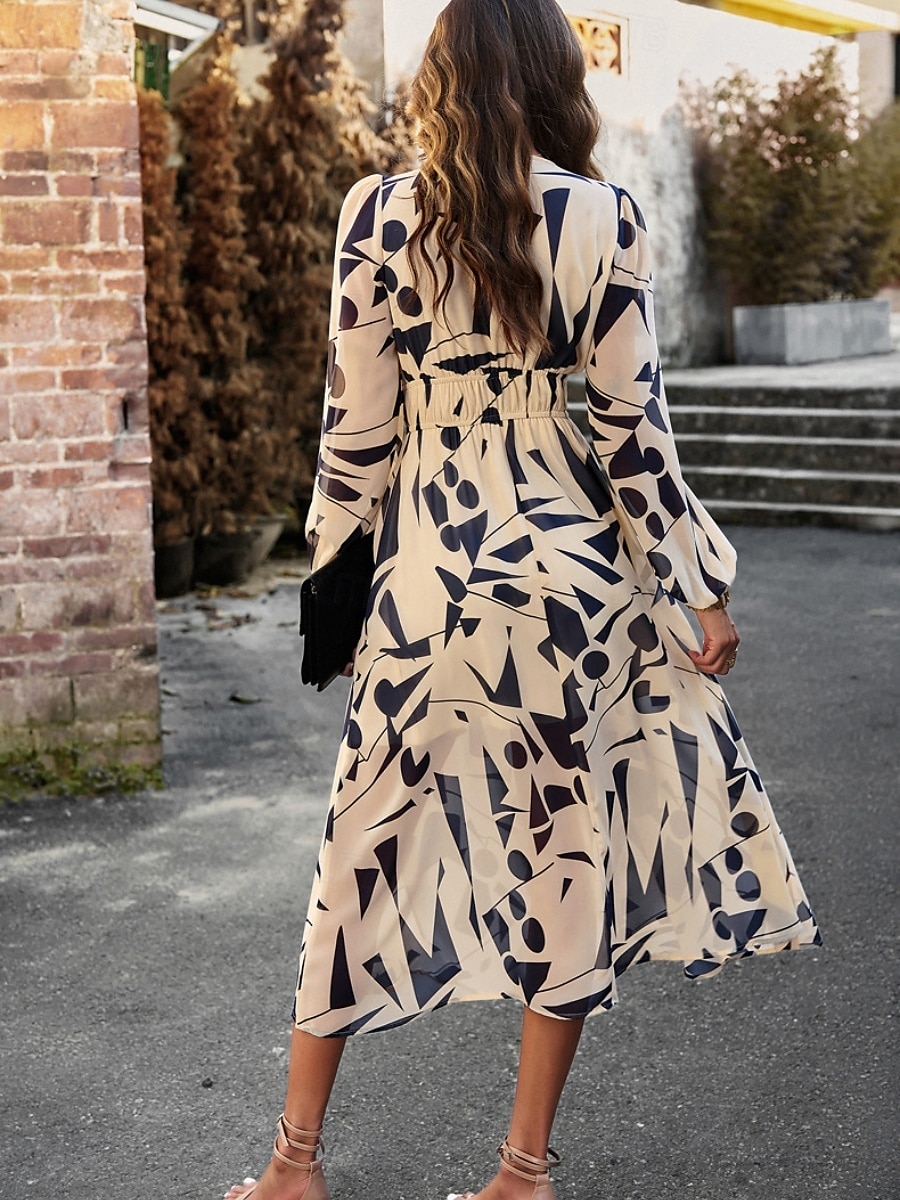 Women's Midi Dress A Line Dress Fit And Flare Dress Puff Sleeve Dress Vacation Casual Vacation Daily Regular Fit Graphic Long Sleeve V Neck Red Blue Green Apricot Summer 2025 - $46.99 –P15