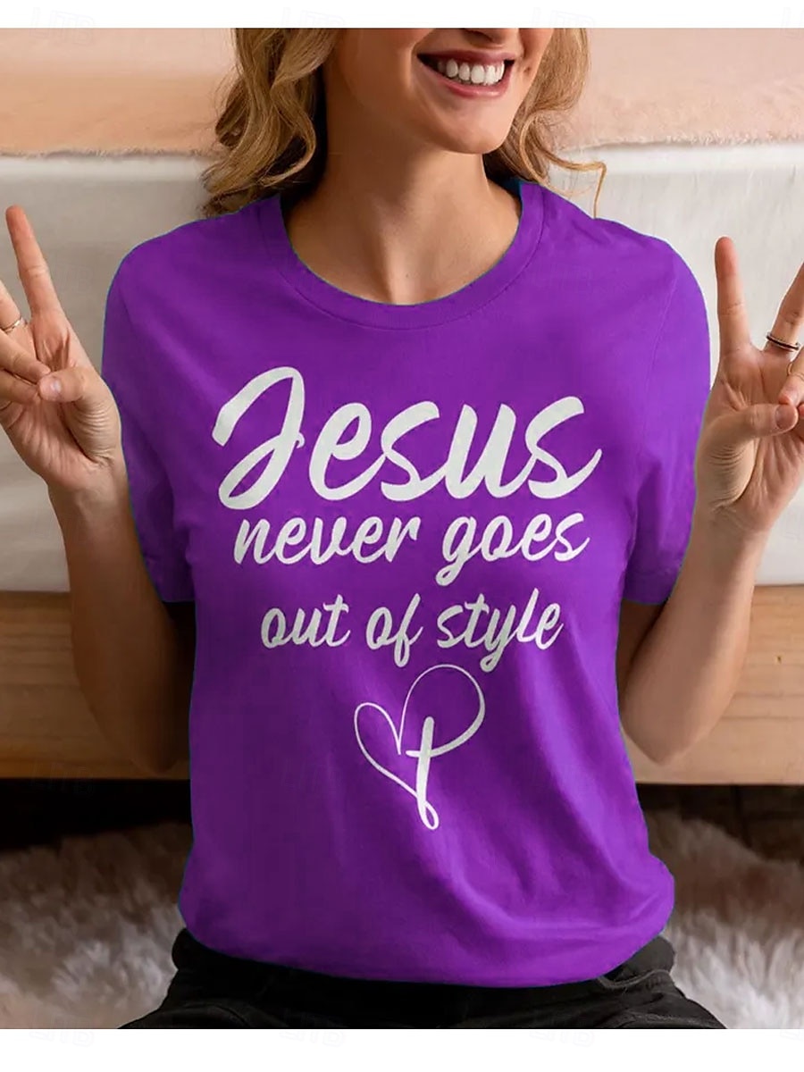 Femmes T-shirt Graphique Lettre Élégant Occasionnel Manche Courte Col rond Hauts Réguliers Quotidien Week-end Imprimé Bleu Violet Vert Été Printemps de 2025 ? $19.99 –P2