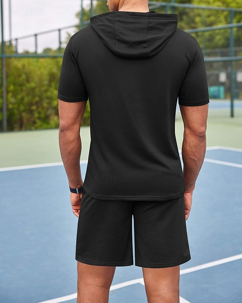 Bărbați Trening Tricou și pantaloni scurți Set de ținute Hanorac cu gluga În aer liber Zilnic Sport Buzunar Cordon Simplu Roșu Vin Negru Alb Poliester Îmbrăcăminte de Sport  Șic Stradă Ușor Vară 2025 - $30.99 -P8