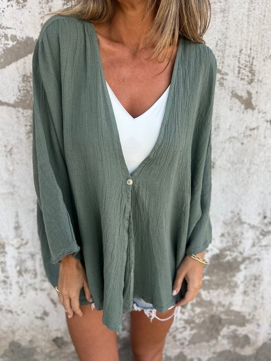 Damen Hemd Leinen-inspirierte Hemden Knopfleiste Bluse Einfach Basic Modern Langarm V Ausschnitt Normale Oberteile Täglich Ferien Knöpfe Schwarz Orange Braun Grün Beige Sommer 2025 - $19.99 –P8