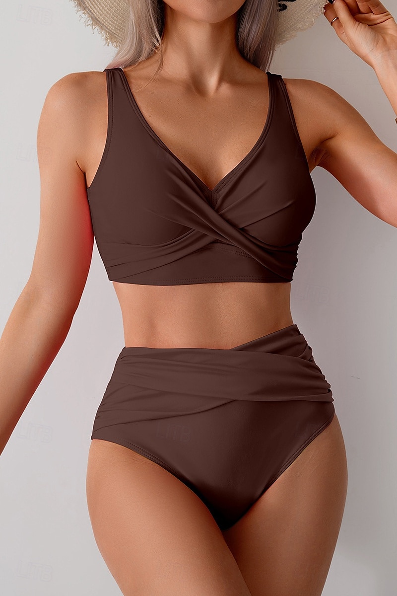 Femmes Maillots de Bain Bikini Maillot de bain Froncé Taille haute Tropical Tenues de plage Uni Fil en V Sans manches Maillots de bain de 2025 ? $22.99 –P14
