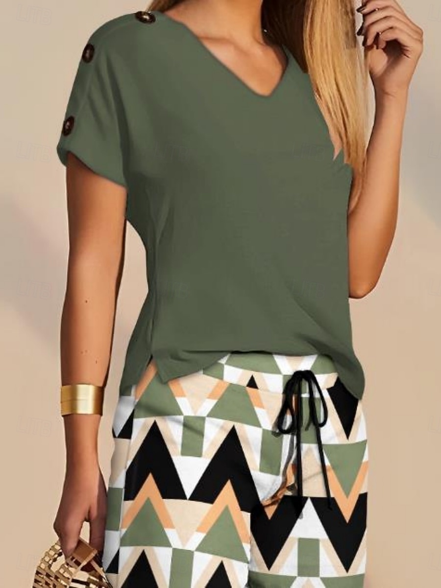 Zwei Teile Damen Mode Straßenbekleidung tägliche Shorts Sets Kurzarm V-Ausschnitt Geometrisch Einfarbig Drawstring Druck Freizeit Täglich Gelb Blau Orange Sommer Reguläre Passform 2026 - $41.99 –P6