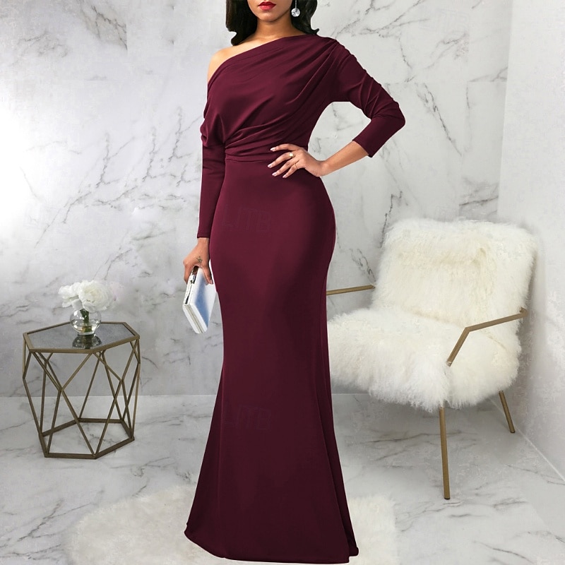 Pentru femei Rochie Lunga Rochie Maxi Rochie de bal Rochie de petrecere Elegant Modă Petrecere Ieșire Fit regulat Simplu Manșon Lung Pe Umăr Negru Alb Roșu Vin Vară 2025 - $27.99 –P6