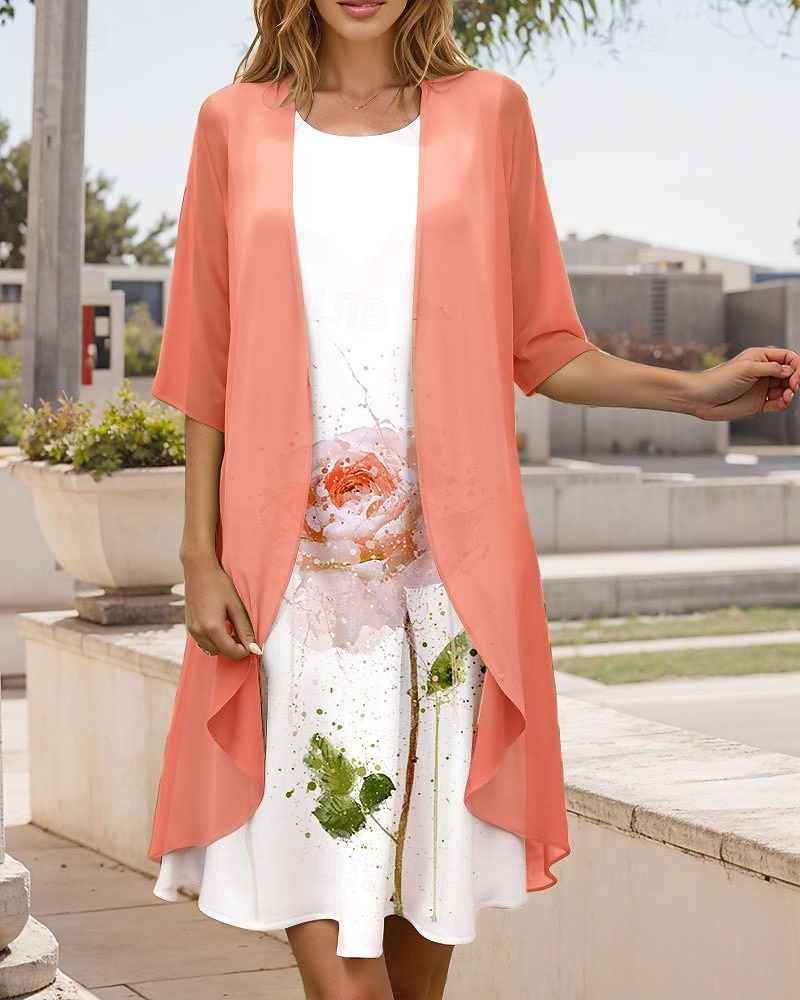 Abito midi donna laurea 2 pezzi completo abito a linea abito estivo vacanza casual floreale grafico stampa plissettata maniche metà scollo rotondo vacanza quotidiana arancione primavera autunno del 2025 a AU $63.79 –P1