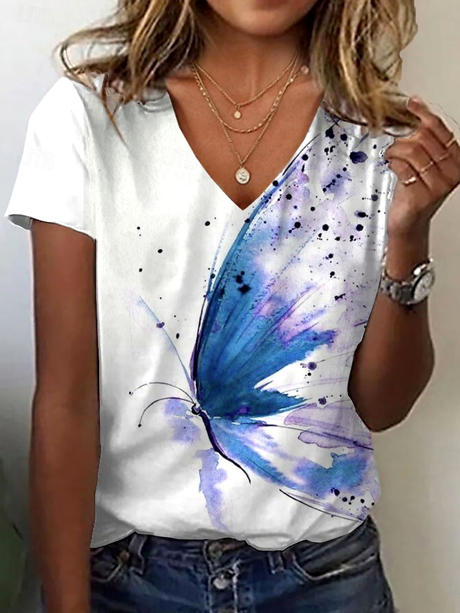 Femmes T-shirt Graphique Papillon Mode Hawaïen Occasionnel manche longue Col en V Hauts Réguliers Quotidien Sortir Week-end Imprimé Bleu Été Printemps de 2025 ? $19.99 –P1